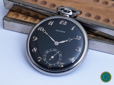 Steel Movado Pocket watch with incredible black dial with Breguet numerals